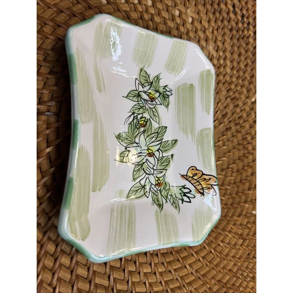 Handpainted Flower/Butterfly Trinket  Dish Soap Dish